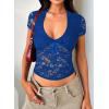imageFalechay Womens Lace Long Sleeve Shirt Low Cut Y2K Slim Fit Top Bow Sexy Going Out Club Concert ClothesAblue