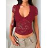 imageFalechay Womens Lace Long Sleeve Shirt Low Cut Y2K Slim Fit Top Bow Sexy Going Out Club Concert ClothesAburgundy