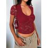 imageFalechay Womens Lace Long Sleeve Shirt Low Cut Y2K Slim Fit Top Bow Sexy Going Out Club Concert ClothesAburgundy