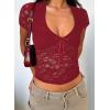 imageFalechay Womens Lace Long Sleeve Shirt Low Cut Y2K Slim Fit Top Bow Sexy Going Out Club Concert ClothesAburgundy