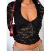 imageFalechay Womens Lace Long Sleeve Shirt Low Cut Y2K Slim Fit Top Bow Sexy Going Out Club Concert ClothesBlack