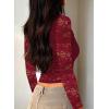 imageFalechay Womens Lace Long Sleeve Shirt Low Cut Y2K Slim Fit Top Bow Sexy Going Out Club Concert ClothesBurgundy