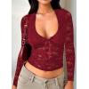 imageFalechay Womens Lace Long Sleeve Shirt Low Cut Y2K Slim Fit Top Bow Sexy Going Out Club Concert ClothesBurgundy