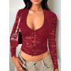 imageFalechay Womens Lace Long Sleeve Shirt Low Cut Y2K Slim Fit Top Bow Sexy Going Out Club Concert ClothesBurgundy