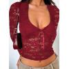 imageFalechay Womens Lace Long Sleeve Shirt Low Cut Y2K Slim Fit Top Bow Sexy Going Out Club Concert ClothesBurgundy