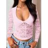 imageFalechay Womens Lace Long Sleeve Shirt Low Cut Y2K Slim Fit Top Bow Sexy Going Out Club Concert ClothesPink