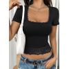 imageFalechay Womens Summer Tops Lace Square Neck Short Sleeve Shirts Sexy Going Out Crop Top Women Y2K Tee Fitted Slim TShirtsBlack