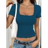imageFalechay Womens Summer Tops Lace Square Neck Short Sleeve Shirts Sexy Going Out Crop Top Women Y2K Tee Fitted Slim TShirtsBlue