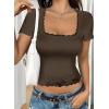 imageFalechay Womens Summer Tops Lace Square Neck Short Sleeve Shirts Sexy Going Out Crop Top Women Y2K Tee Fitted Slim TShirtsBrown