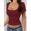 imageFalechay Womens Summer Tops Lace Square Neck Short Sleeve Shirts Sexy Going Out Crop Top Women Y2K Tee Fitted Slim TShirtsBurgundy