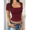 imageFalechay Womens Summer Tops Lace Square Neck Short Sleeve Shirts Sexy Going Out Crop Top Women Y2K Tee Fitted Slim TShirtsBurgundy