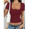 imageFalechay Womens Summer Tops Lace Square Neck Short Sleeve Shirts Sexy Going Out Crop Top Women Y2K Tee Fitted Slim TShirtsBurgundy