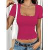 imageFalechay Womens Summer Tops Lace Square Neck Short Sleeve Shirts Sexy Going Out Crop Top Women Y2K Tee Fitted Slim TShirtsHot Pink