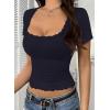imageFalechay Womens Summer Tops Lace Square Neck Short Sleeve Shirts Sexy Going Out Crop Top Women Y2K Tee Fitted Slim TShirtsNavy