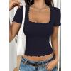 imageFalechay Womens Summer Tops Lace Square Neck Short Sleeve Shirts Sexy Going Out Crop Top Women Y2K Tee Fitted Slim TShirtsNavy