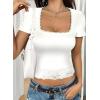 imageFalechay Womens Summer Tops Lace Square Neck Short Sleeve Shirts Sexy Going Out Crop Top Women Y2K Tee Fitted Slim TShirtsWhite