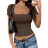imageFalechay Womens Summer Tops Lace Square Neck Short Sleeve Shirts Sexy Going Out Crop Top Women Y2K Tee Fitted Slim TShirtsBrown