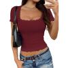 imageFalechay Womens Summer Tops Lace Square Neck Short Sleeve Shirts Sexy Going Out Crop Top Women Y2K Tee Fitted Slim TShirtsBurgundy