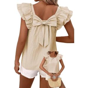 imageFalechay Womens Bow Tie Back Tops Round Neck Ruffle Short Sleeve Shirts Cute Babydoll Chiffon Tee Women Summer Trendy TunicApricot