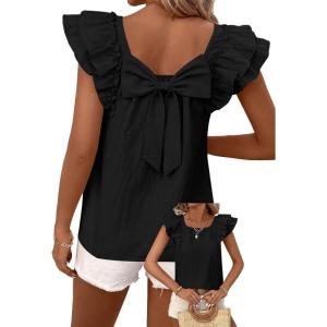 imageFalechay Womens Bow Tie Back Tops Round Neck Ruffle Short Sleeve Shirts Cute Babydoll Chiffon Tee Women Summer Trendy TunicBlack