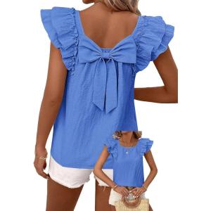 imageFalechay Womens Bow Tie Back Tops Round Neck Ruffle Short Sleeve Shirts Cute Babydoll Chiffon Tee Women Summer Trendy TunicBlue