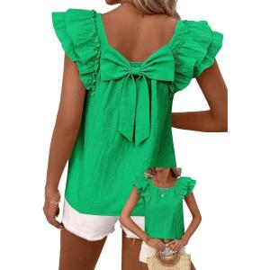 imageFalechay Womens Bow Tie Back Tops Round Neck Ruffle Short Sleeve Shirts Cute Babydoll Chiffon Tee Women Summer Trendy TunicBright Green