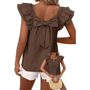 imageFalechay Womens Bow Tie Back Tops Round Neck Ruffle Short Sleeve Shirts Cute Babydoll Chiffon Tee Women Summer Trendy TunicBrown