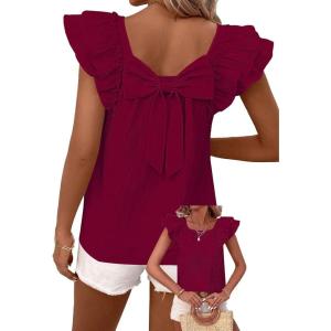 imageFalechay Womens Bow Tie Back Tops Round Neck Ruffle Short Sleeve Shirts Cute Babydoll Chiffon Tee Women Summer Trendy TunicBurgundy