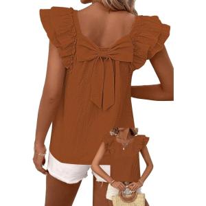 imageFalechay Womens Bow Tie Back Tops Round Neck Ruffle Short Sleeve Shirts Cute Babydoll Chiffon Tee Women Summer Trendy TunicBurnt Orange