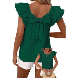 imageFalechay Womens Bow Tie Back Tops Round Neck Ruffle Short Sleeve Shirts Cute Babydoll Chiffon Tee Women Summer Trendy TunicDark Green