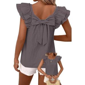 imageFalechay Womens Bow Tie Back Tops Round Neck Ruffle Short Sleeve Shirts Cute Babydoll Chiffon Tee Women Summer Trendy TunicDark Grey