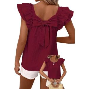 imageFalechay Womens Bow Tie Back Tops Round Neck Ruffle Short Sleeve Shirts Cute Babydoll Chiffon Tee Women Summer Trendy TunicDark Red