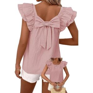 imageFalechay Womens Bow Tie Back Tops Round Neck Ruffle Short Sleeve Shirts Cute Babydoll Chiffon Tee Women Summer Trendy TunicDusty Rose