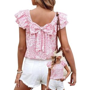 imageFalechay Womens Bow Tie Back Tops Round Neck Ruffle Short Sleeve Shirts Cute Babydoll Chiffon Tee Women Summer Trendy TunicFloral Pink