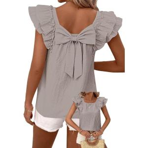 imageFalechay Womens Bow Tie Back Tops Round Neck Ruffle Short Sleeve Shirts Cute Babydoll Chiffon Tee Women Summer Trendy TunicGray Beige