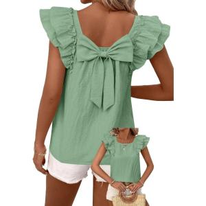 imageFalechay Womens Bow Tie Back Tops Round Neck Ruffle Short Sleeve Shirts Cute Babydoll Chiffon Tee Women Summer Trendy TunicGreen