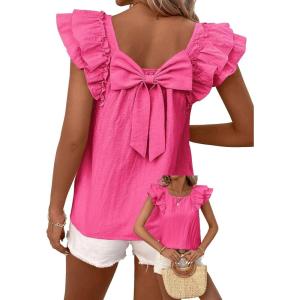 imageFalechay Womens Bow Tie Back Tops Round Neck Ruffle Short Sleeve Shirts Cute Babydoll Chiffon Tee Women Summer Trendy TunicHot Pink