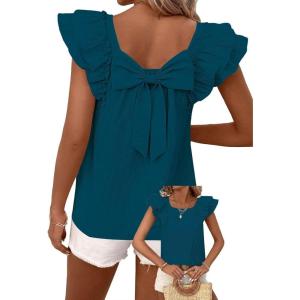 imageFalechay Womens Bow Tie Back Tops Round Neck Ruffle Short Sleeve Shirts Cute Babydoll Chiffon Tee Women Summer Trendy TunicLake Blue