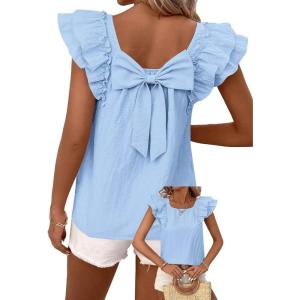 imageFalechay Womens Bow Tie Back Tops Round Neck Ruffle Short Sleeve Shirts Cute Babydoll Chiffon Tee Women Summer Trendy TunicLight Blue