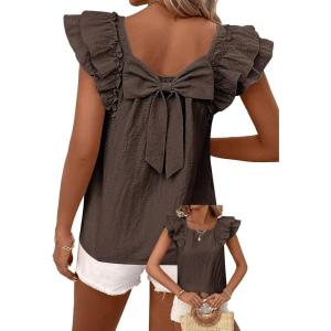 imageFalechay Womens Bow Tie Back Tops Round Neck Ruffle Short Sleeve Shirts Cute Babydoll Chiffon Tee Women Summer Trendy TunicLight Brown