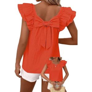 imageFalechay Womens Bow Tie Back Tops Round Neck Ruffle Short Sleeve Shirts Cute Babydoll Chiffon Tee Women Summer Trendy TunicLight Orange
