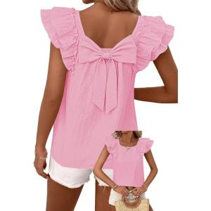 imageFalechay Womens Bow Tie Back Tops Round Neck Ruffle Short Sleeve Shirts Cute Babydoll Chiffon Tee Women Summer Trendy TunicLight Pink