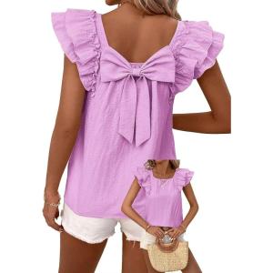 imageFalechay Womens Bow Tie Back Tops Round Neck Ruffle Short Sleeve Shirts Cute Babydoll Chiffon Tee Women Summer Trendy TunicMauve Purple
