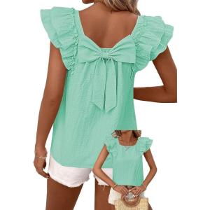 imageFalechay Womens Bow Tie Back Tops Round Neck Ruffle Short Sleeve Shirts Cute Babydoll Chiffon Tee Women Summer Trendy TunicMint Green