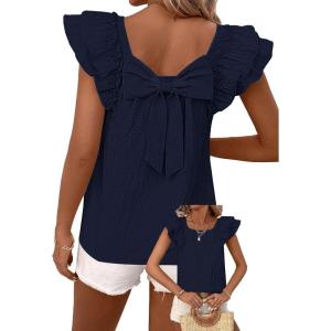 imageFalechay Womens Bow Tie Back Tops Round Neck Ruffle Short Sleeve Shirts Cute Babydoll Chiffon Tee Women Summer Trendy TunicNavy Blue