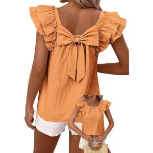 imageFalechay Womens Bow Tie Back Tops Round Neck Ruffle Short Sleeve Shirts Cute Babydoll Chiffon Tee Women Summer Trendy TunicOrange