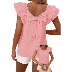 imageFalechay Womens Bow Tie Back Tops Round Neck Ruffle Short Sleeve Shirts Cute Babydoll Chiffon Tee Women Summer Trendy TunicPeach Pink
