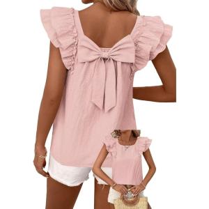 imageFalechay Womens Bow Tie Back Tops Round Neck Ruffle Short Sleeve Shirts Cute Babydoll Chiffon Tee Women Summer Trendy TunicPink