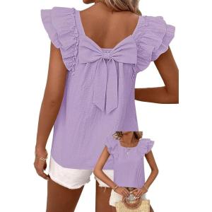 imageFalechay Womens Bow Tie Back Tops Round Neck Ruffle Short Sleeve Shirts Cute Babydoll Chiffon Tee Women Summer Trendy TunicPurple