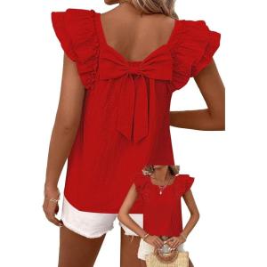 imageFalechay Womens Bow Tie Back Tops Round Neck Ruffle Short Sleeve Shirts Cute Babydoll Chiffon Tee Women Summer Trendy TunicRed